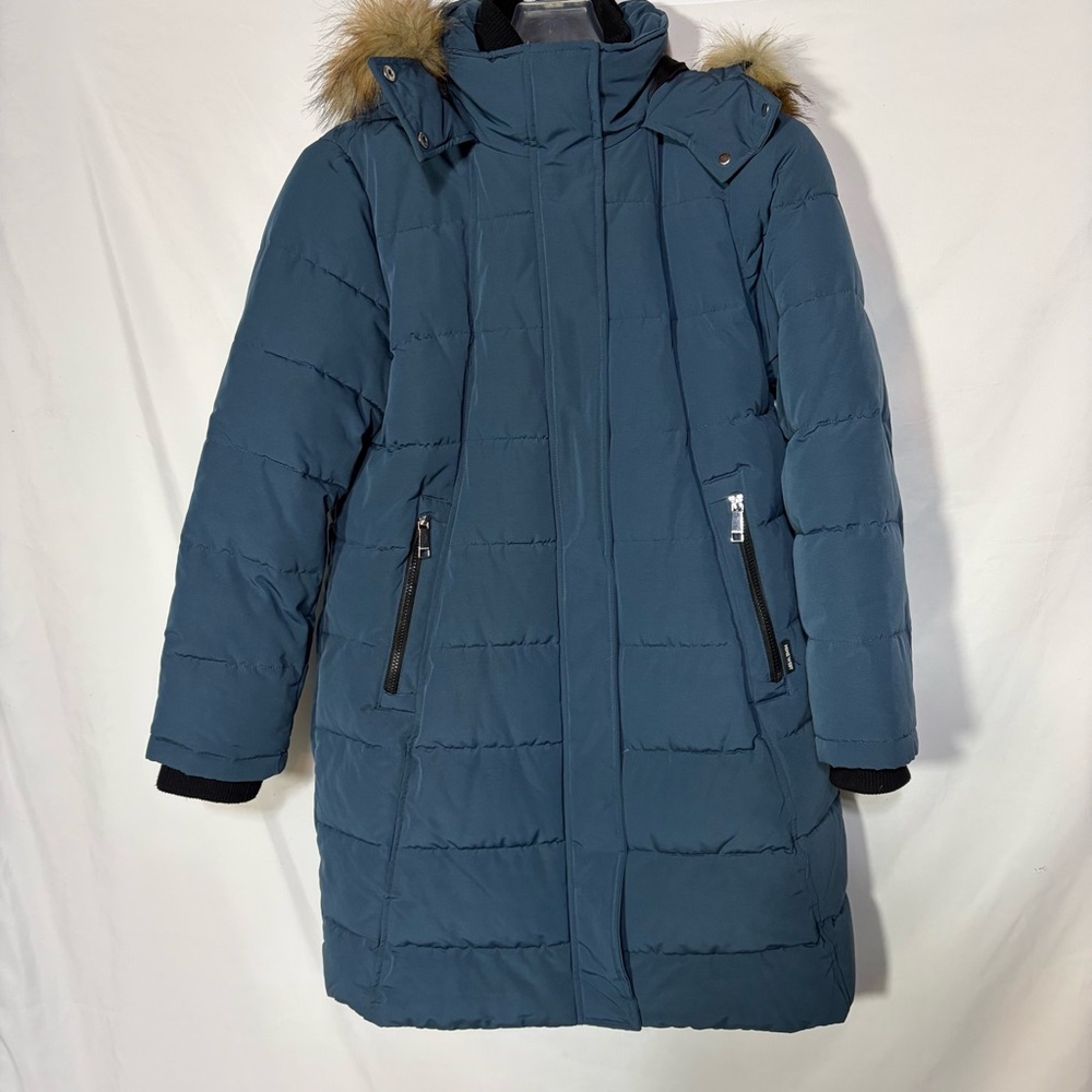 Nine West Long Puffer Coat Bluish Green Faux Fur Hood Women’s L Winter Jacket